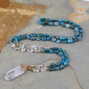 Natural Blue Apatite & Clear Crystal Nugget Beads Necklace