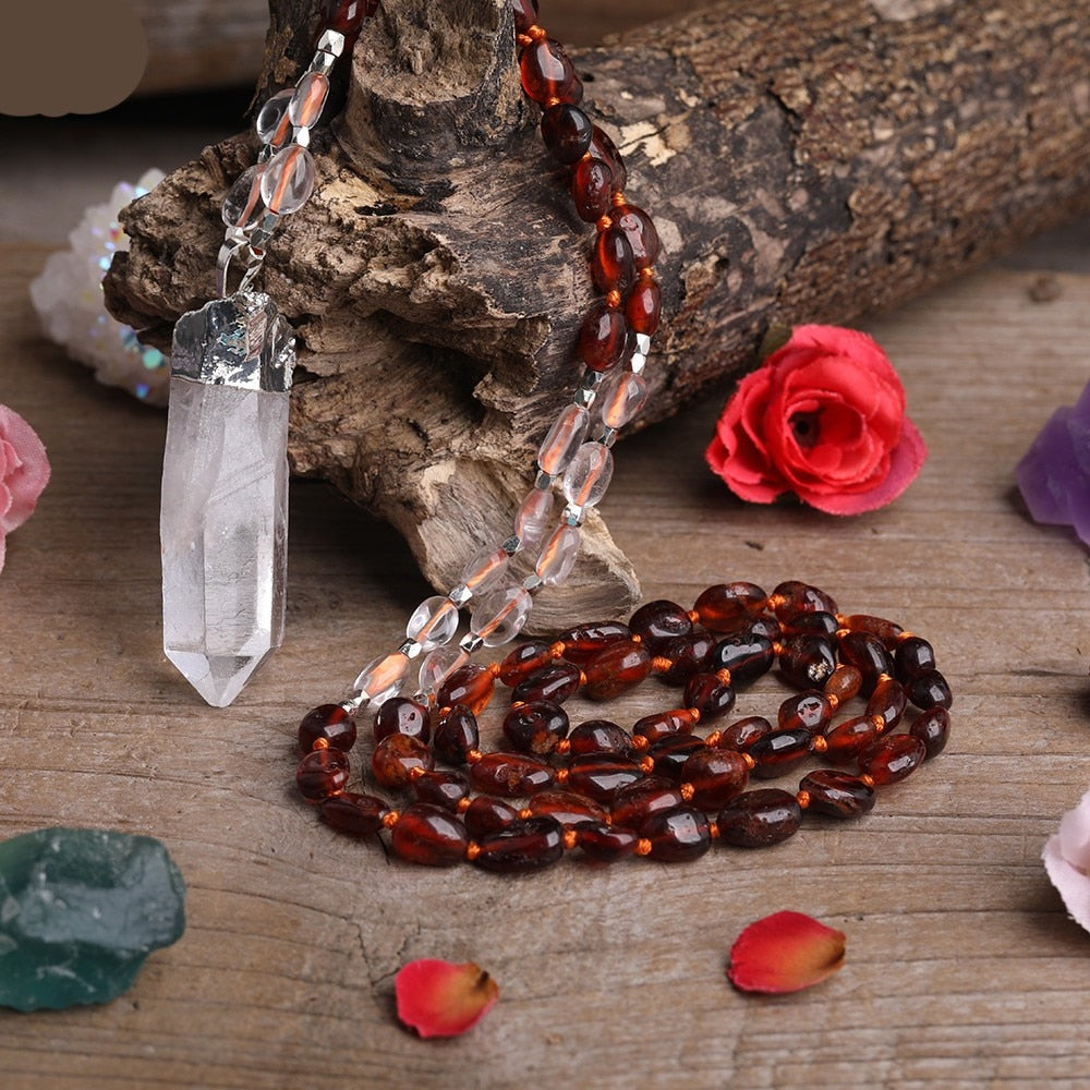 Natural Red Garnet & Clear Quartz Wand Necklace