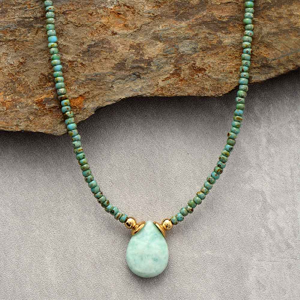 Natural African Turquoise Beaded Choker Necklace with Amazonite Pendant