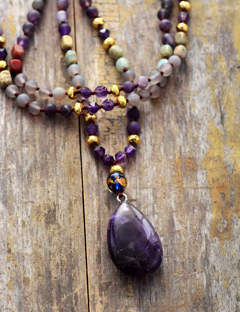 Natural Imperial Jasper, Onyx & Amethyst Pendant Necklace