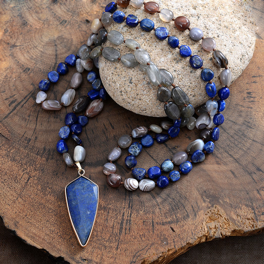 Natural Labradorite, Persian Agate & Lapis Lazuli Shield Pendant Necklace