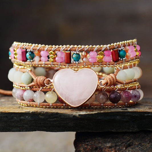 Natural Tourmaline, Amazonite & Rose Quartz Heart Leather Wrap Bracelet