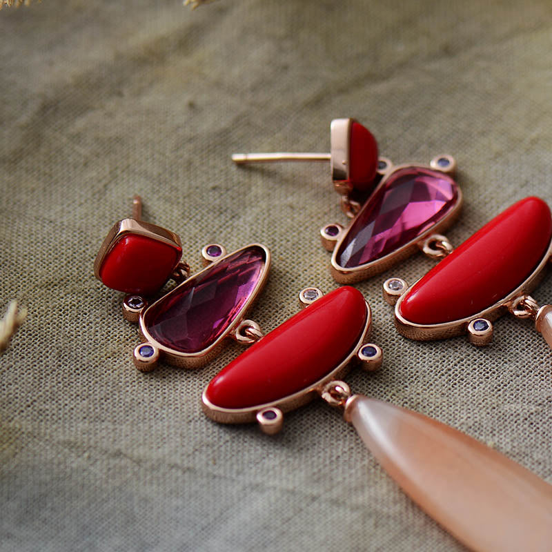 Natural Orange Aventurine & Red Jade Earrings