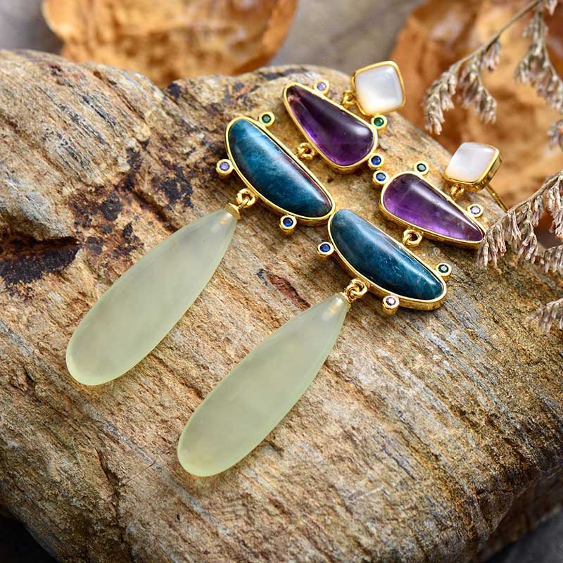 Natural Amethysts, Apatite & Jade Earrings