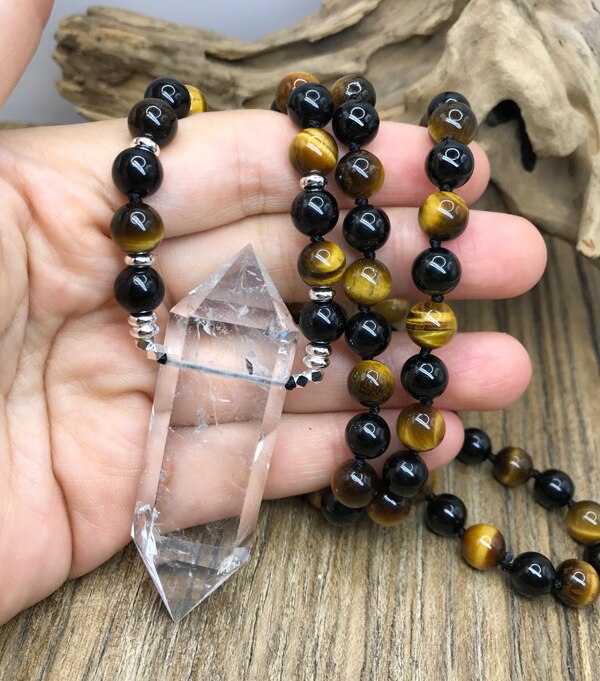 Natural Black Tourmaline, Tiger's Eye & Clear Quartz Double Point Pendant Necklace