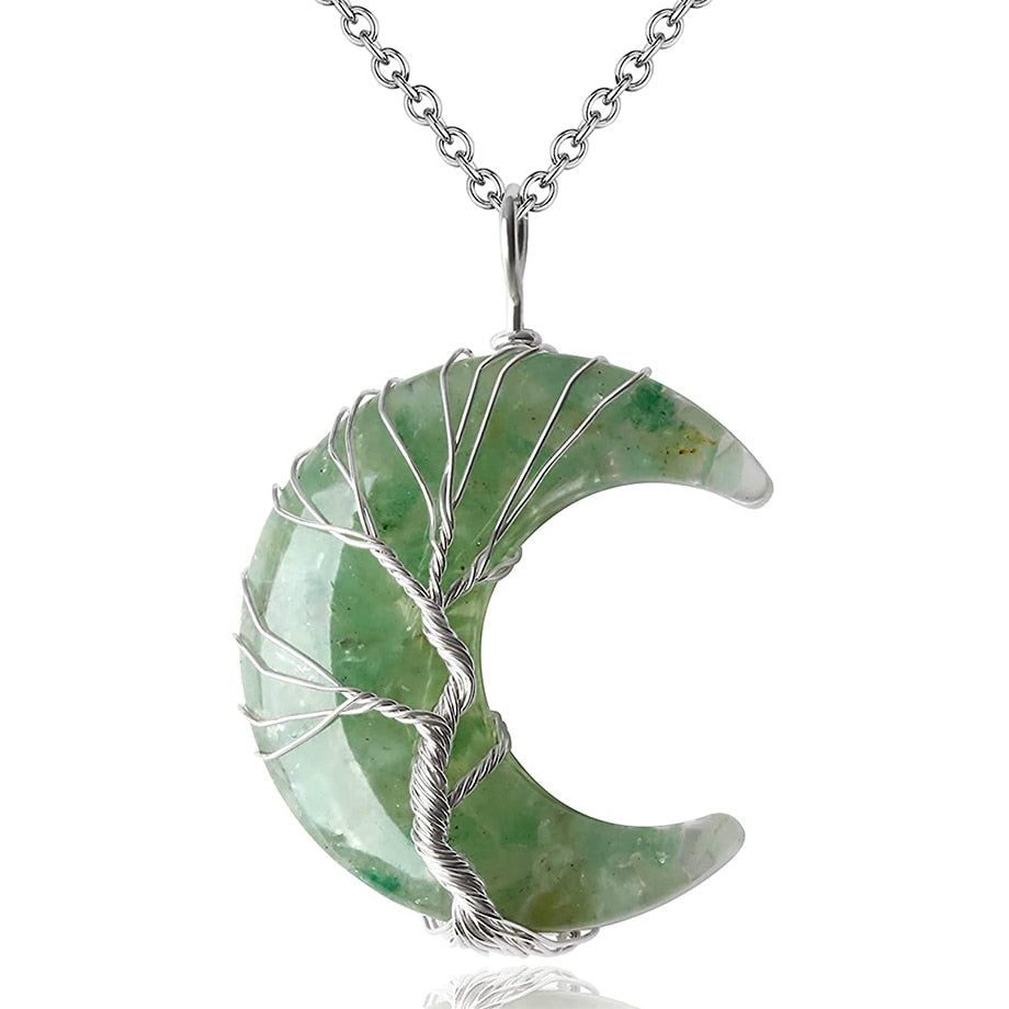 Natural Green Aventurine Tree of Life Moon Necklace