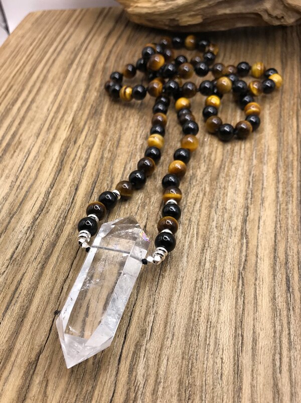 Natural Black Tourmaline, Tiger's Eye & Clear Quartz Double Point Pendant Necklace