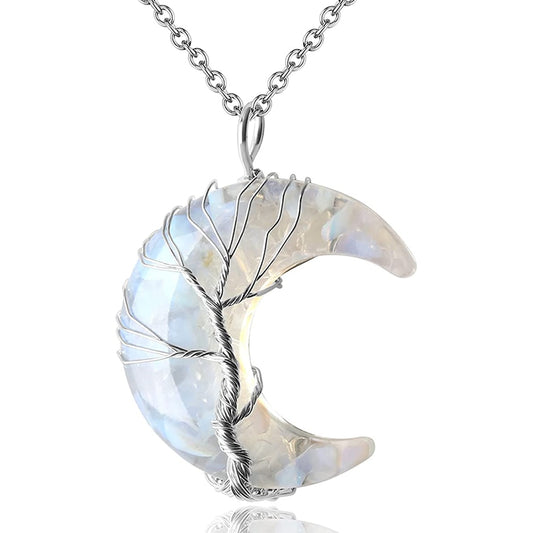 Natural Opal Tree of Life Moon Necklace