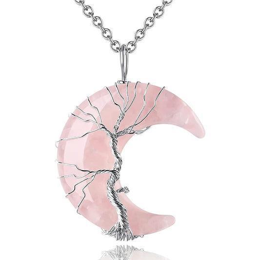 Natural Rose Quartz Tree of Life Moon Necklace