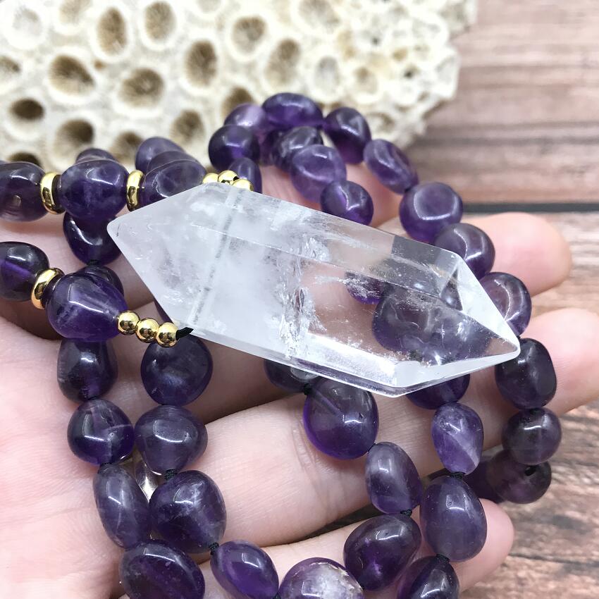 Natural Amethyst Mala Necklace & Clear Quartz Double Point Pendant