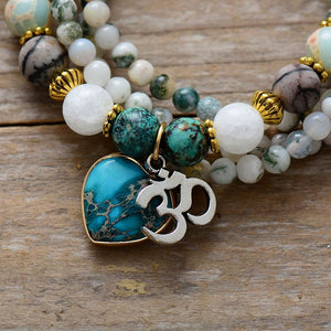 Natural Agate & Jasper 108 Beads Heart Mala Necklace