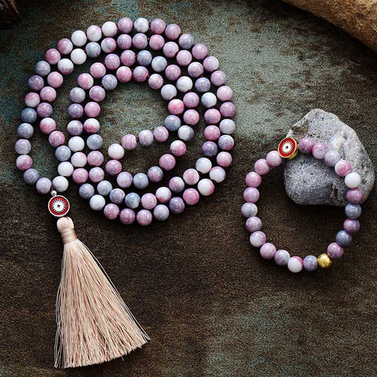 Natural Rain Flower Stone 108 Beads Mala Necklace / Bracelet