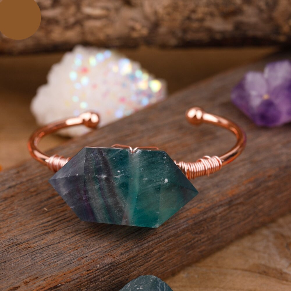 Natural Double-Point Rainbow Fluorite Cuff Bracelet