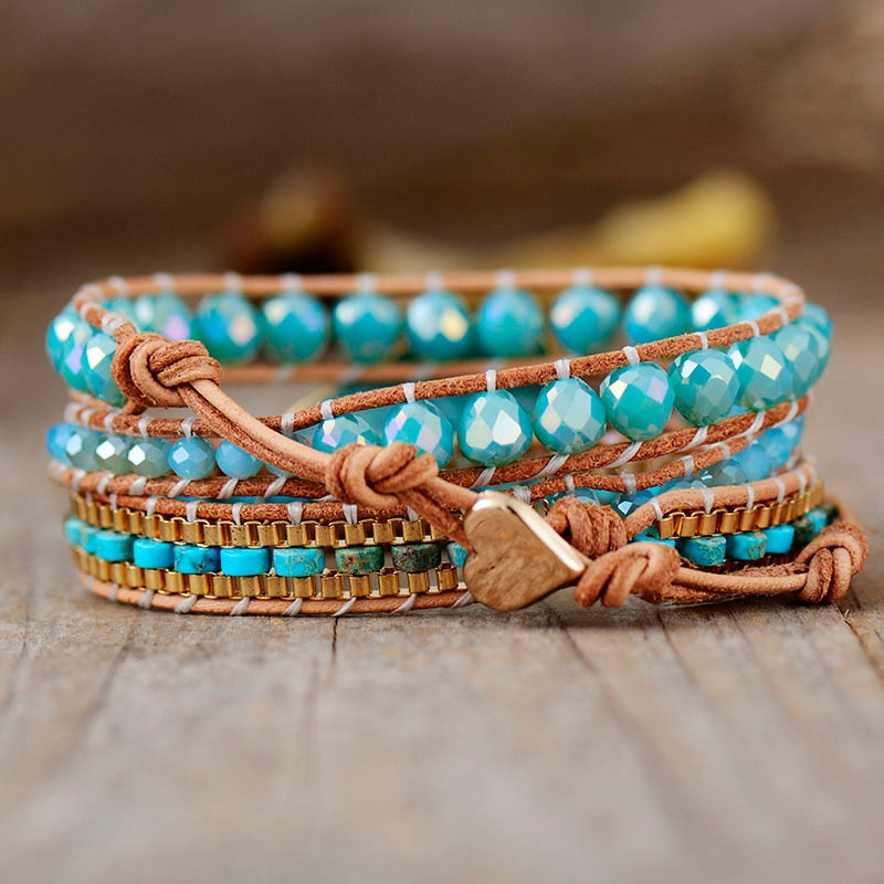 Bohemian Jasper & Rhinestones Beads Leather Wrap Bracelet with Amazonite Charm