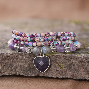 Natural Jasper, Labradorite & Amethyst Heart Pendant Beaded Necklace / Bracelet