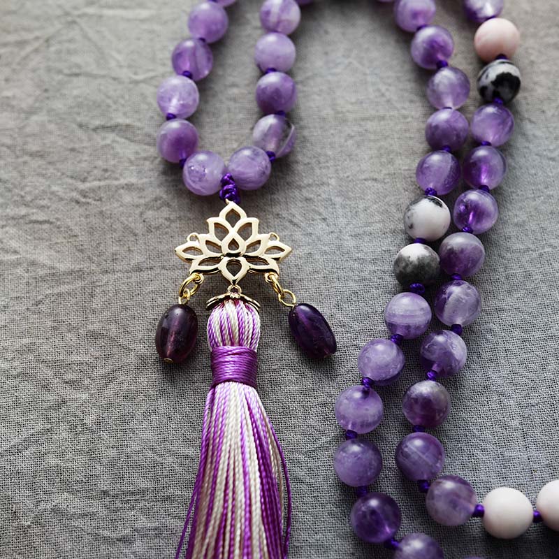 Natural Amethyst & Jasper 108 Beads Mala Lotus Necklace