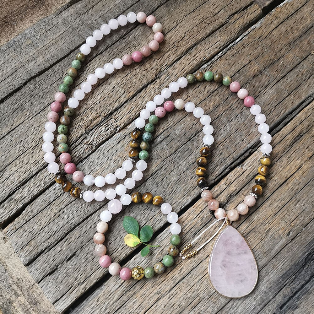 Natural Sunstone, Jasper, Rose Quartz, Tiger Eye & Rhodonite 108 Beads Mala Necklace / Bracelet