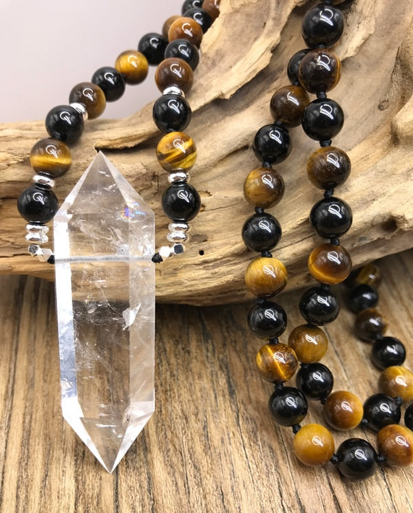 Natural Black Tourmaline, Tiger's Eye & Clear Quartz Double Point Pendant Necklace