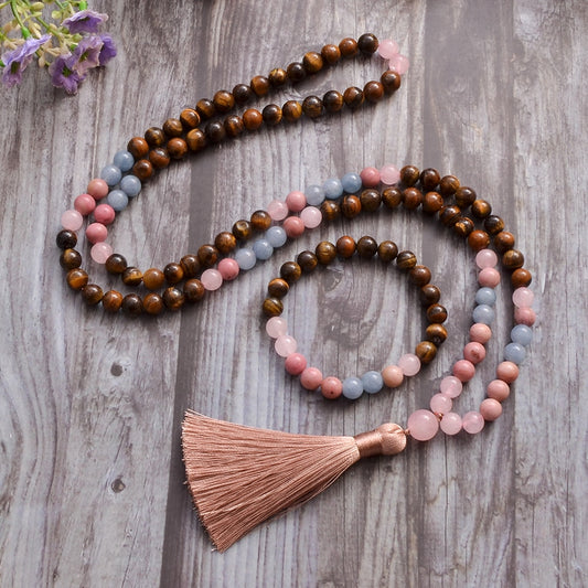 Natural Tiger's Eye, Rose Quartz & Aquamarine 108 Beads Mala Necklace / Bracelet