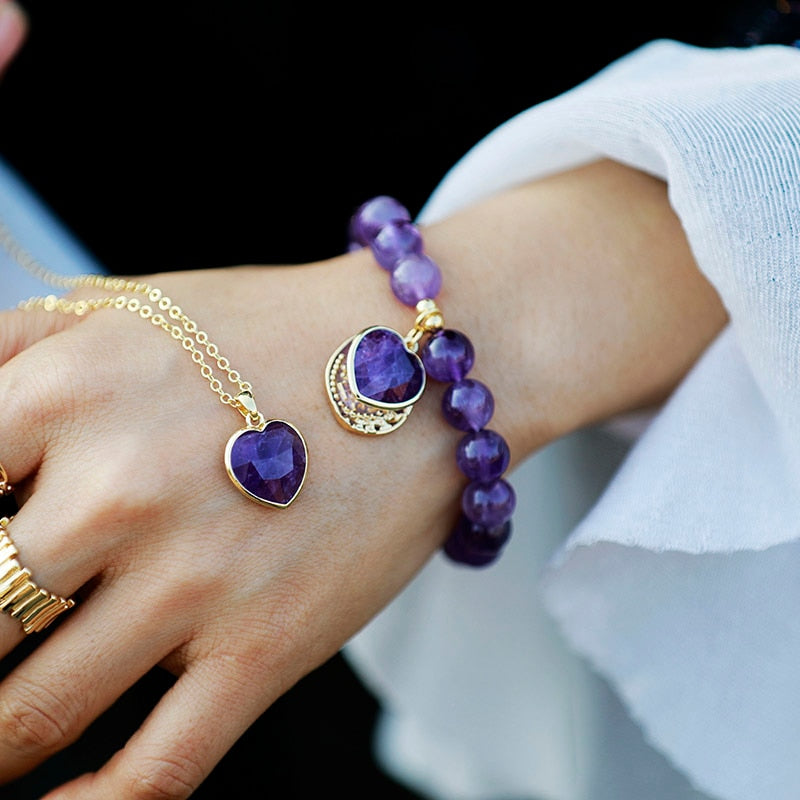 Natural Amethyst / Onyx / Jasper Beaded Bracelet with Heart Charm