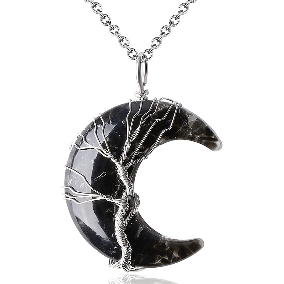 Natural Black Obsidian Tree of Life Moon Necklace