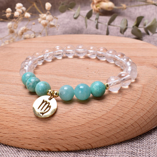 12 Zodiac Signs & Natural Clear Quartz, Birthstone Beaded Bracelet