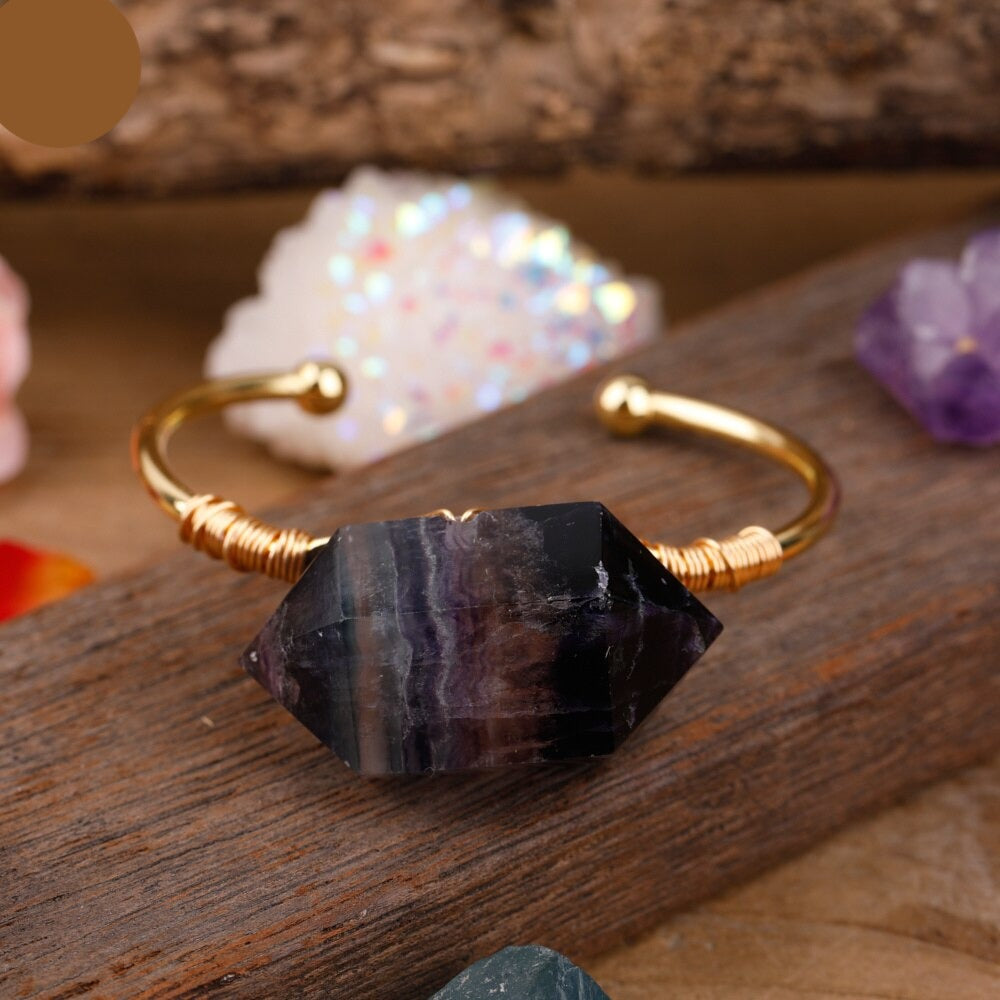 Natural Double-Point Rainbow Fluorite Cuff Bracelet