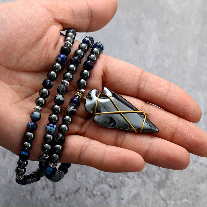 Natural Blue Jasper & Black Hematite Arrowhead Necklace