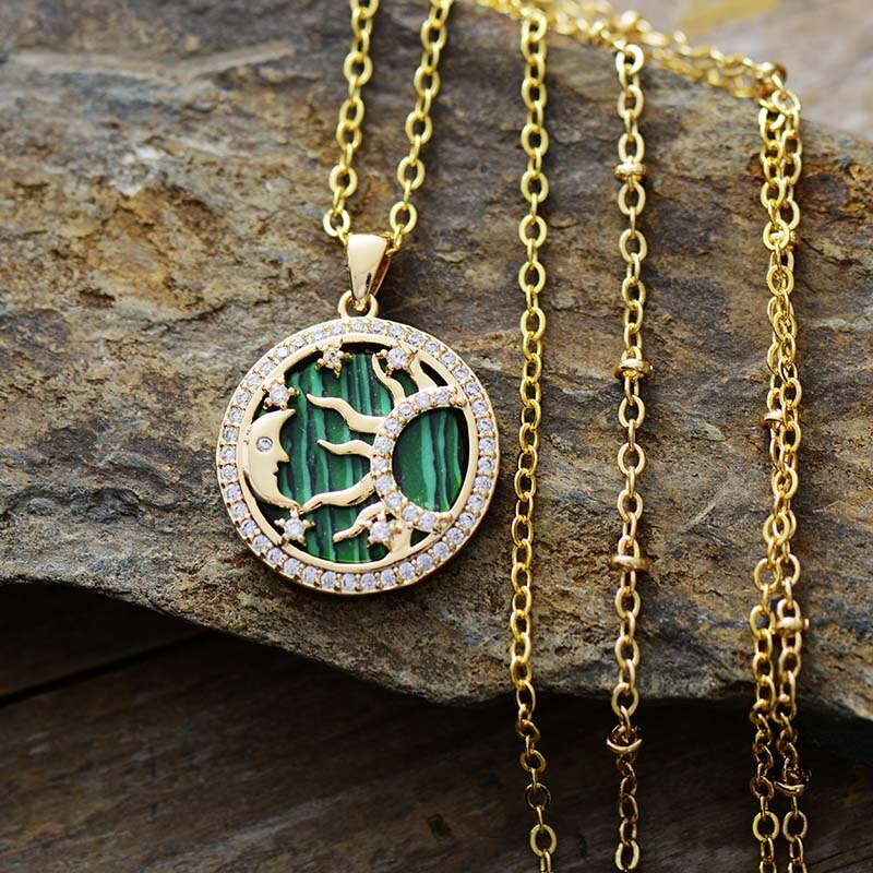 Natural Malachite Sun & Moon Gold Plated Necklace