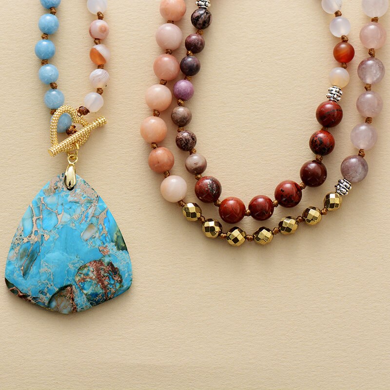 Natural Jasper, Rhodhonite, Agate & Aquamarine 108 Beads Mala Necklace