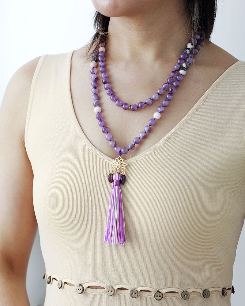 Natural Amethyst & Jasper 108 Beads Mala Lotus Necklace