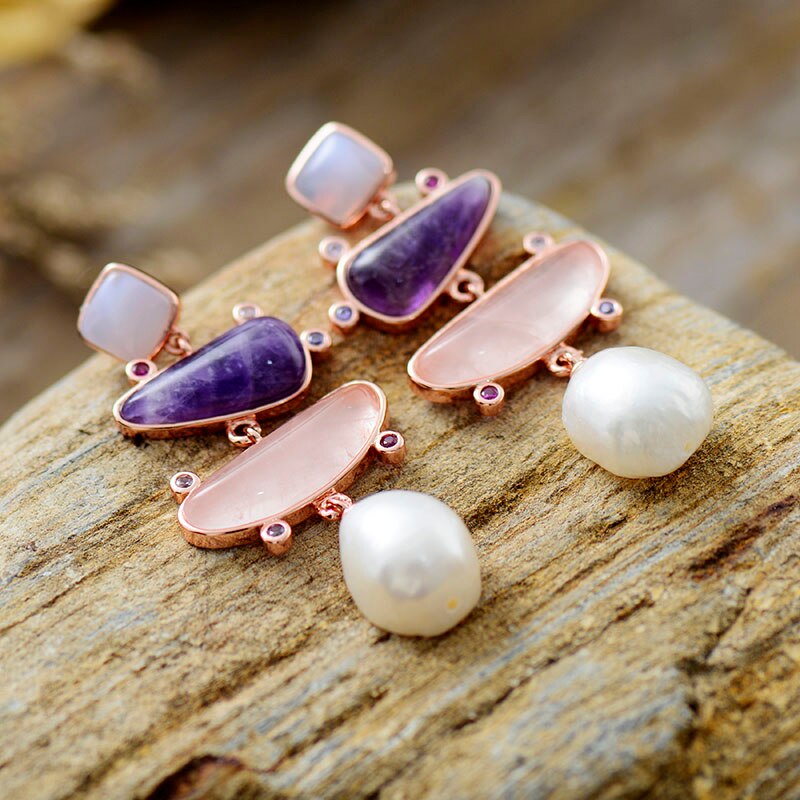 Natural Amethyst, Rose Quartz & Freshwater Pearls Earrings