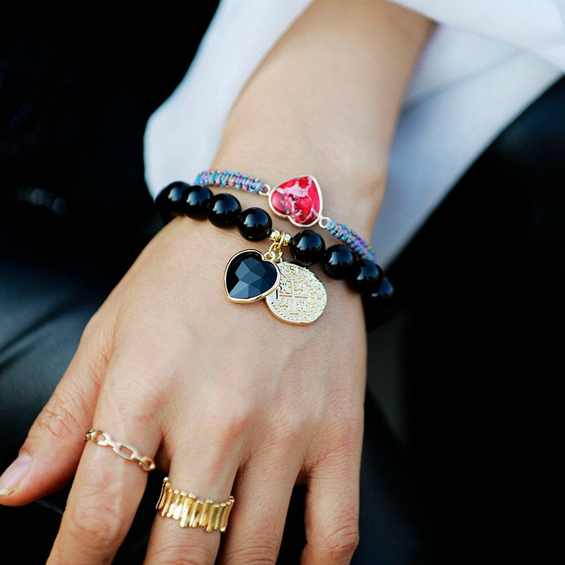 Natural Amethyst / Onyx / Jasper Beaded Bracelet with Heart Charm