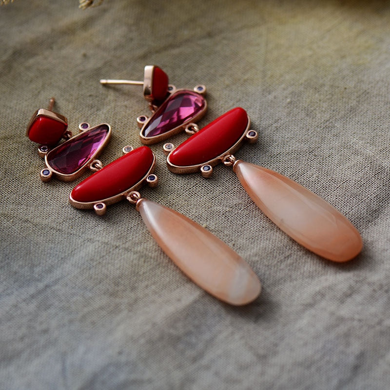 Natural Orange Aventurine & Red Jade Earrings