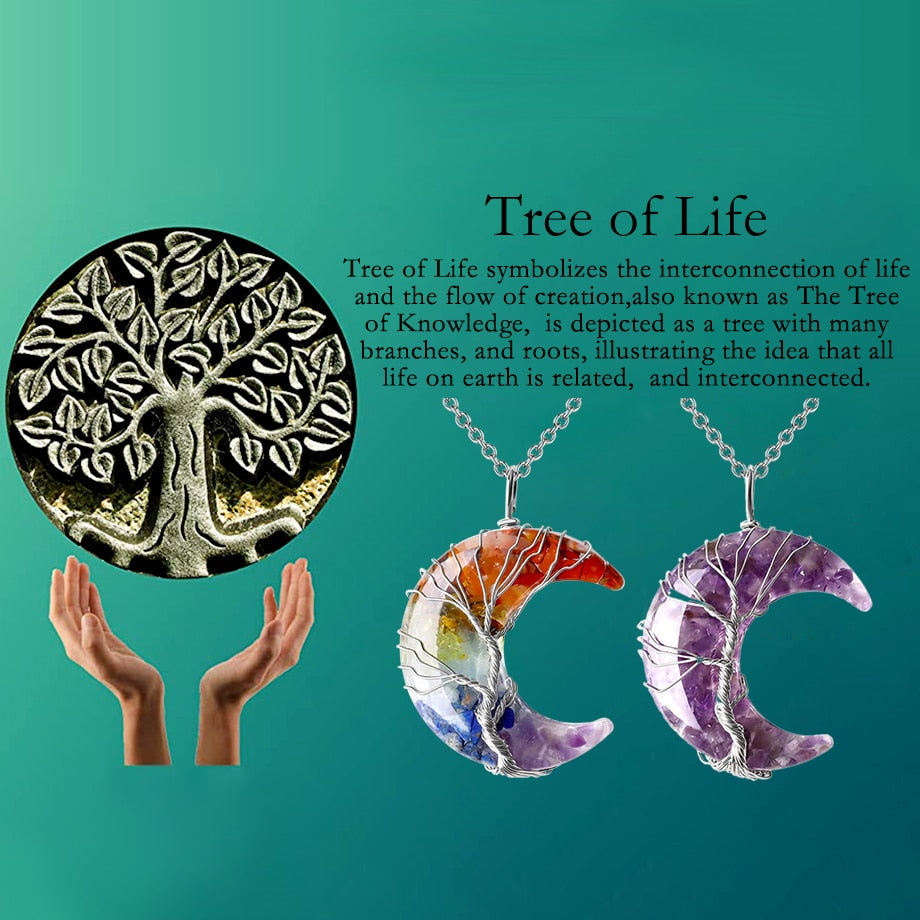 Natural 7 Chakras Stones Tree of Life Orgonite Moon Necklace