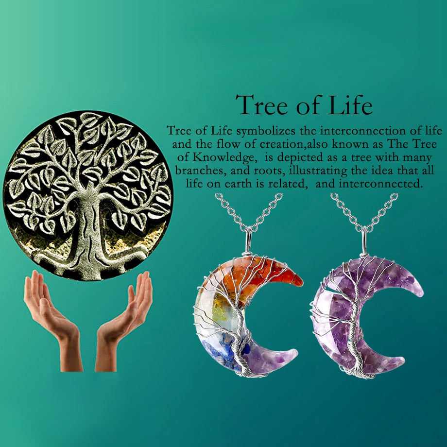 Natural Black Obsidian Tree of Life Moon Necklace