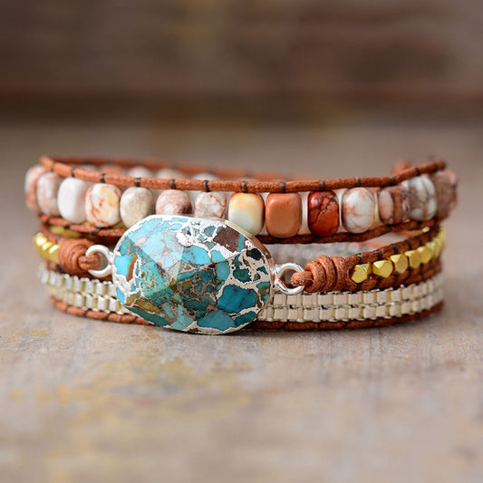 Natural Turquoise Jasper / Royal Jasper Leather Wrap Bracelet