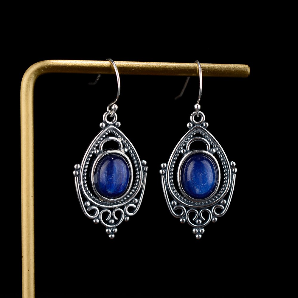 Ethnic Silver Earrings with Natural Kyanite Stone