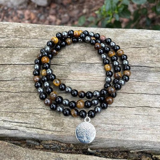 Natural Tiger Eye, Hematite & Black Onyx 108 Mala Beads Necklace / Bracelet