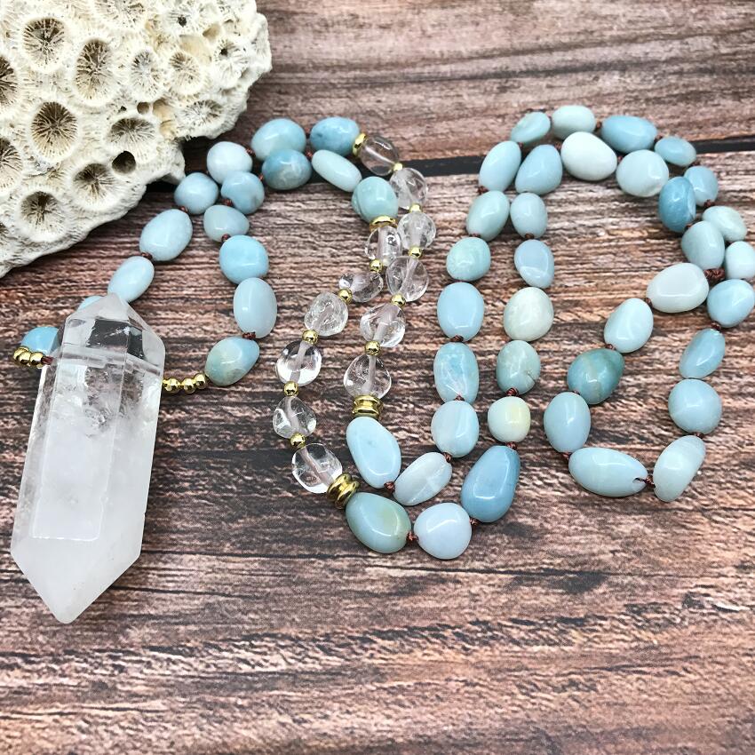 Natural Amazonite & Clear Quartz Double Point Pendant Necklace