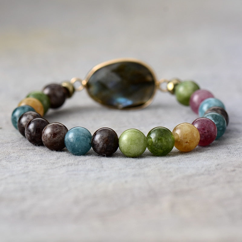 Natural Jade, Onyx & Labradorite Beaded Bracelet