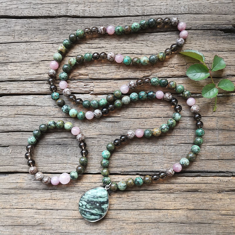 Natural African Turquoise, Smokey Quartz, Pietersite & Rose Quartz 108 Beads Mala Necklace / Bracelet