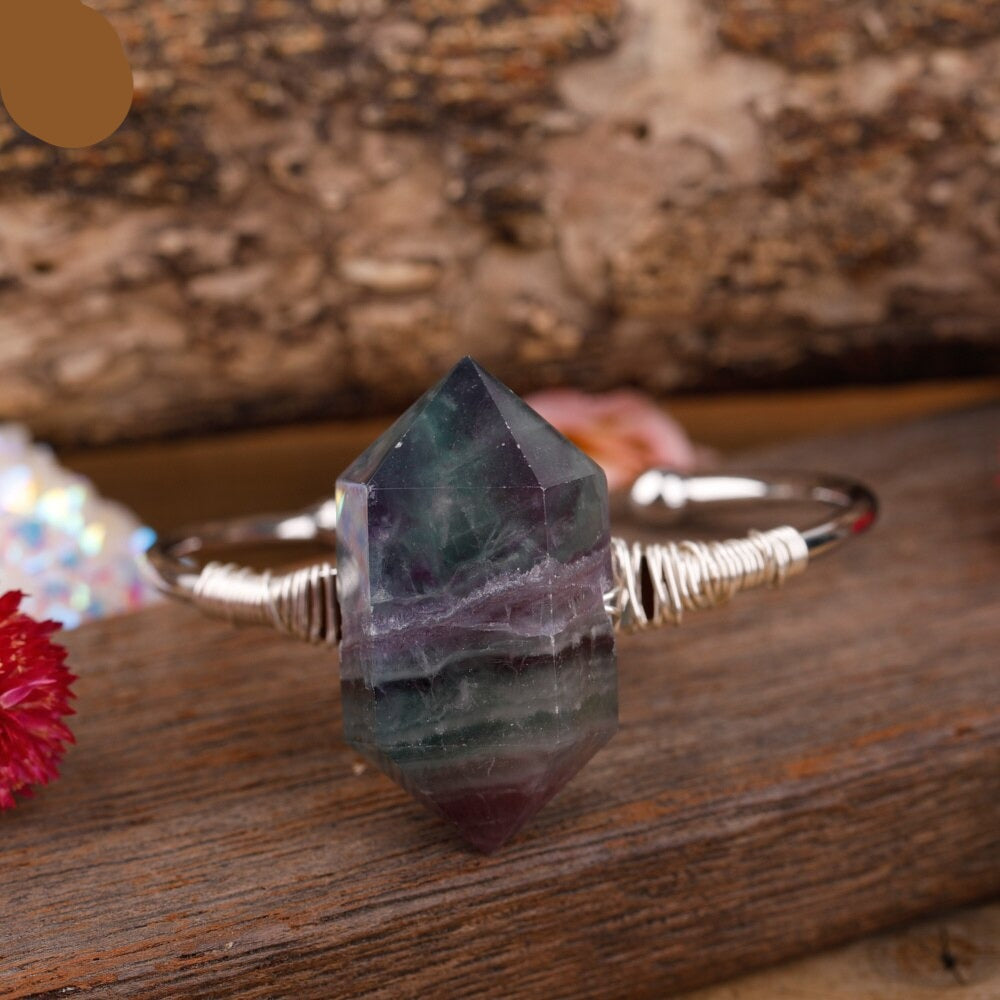 Natural Double-Point Rainbow Fluorite Cuff Bracelet