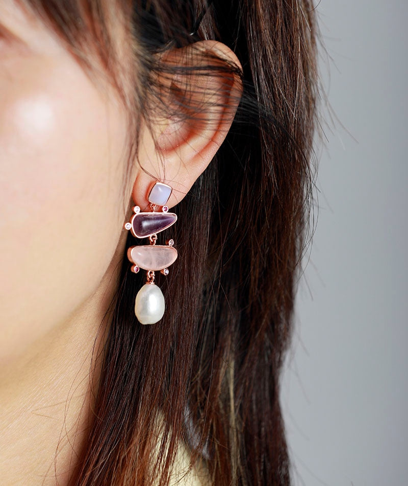 Natural Amethyst, Rose Quartz & Freshwater Pearls Earrings