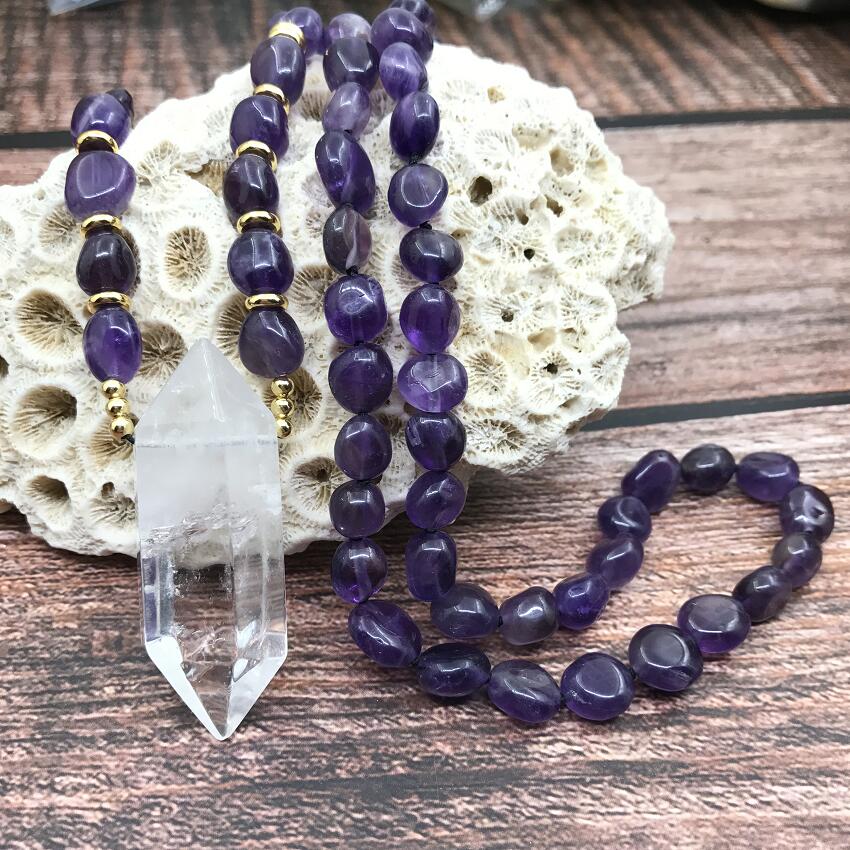 Natural Amethyst Mala Necklace & Clear Quartz Double Point Pendant