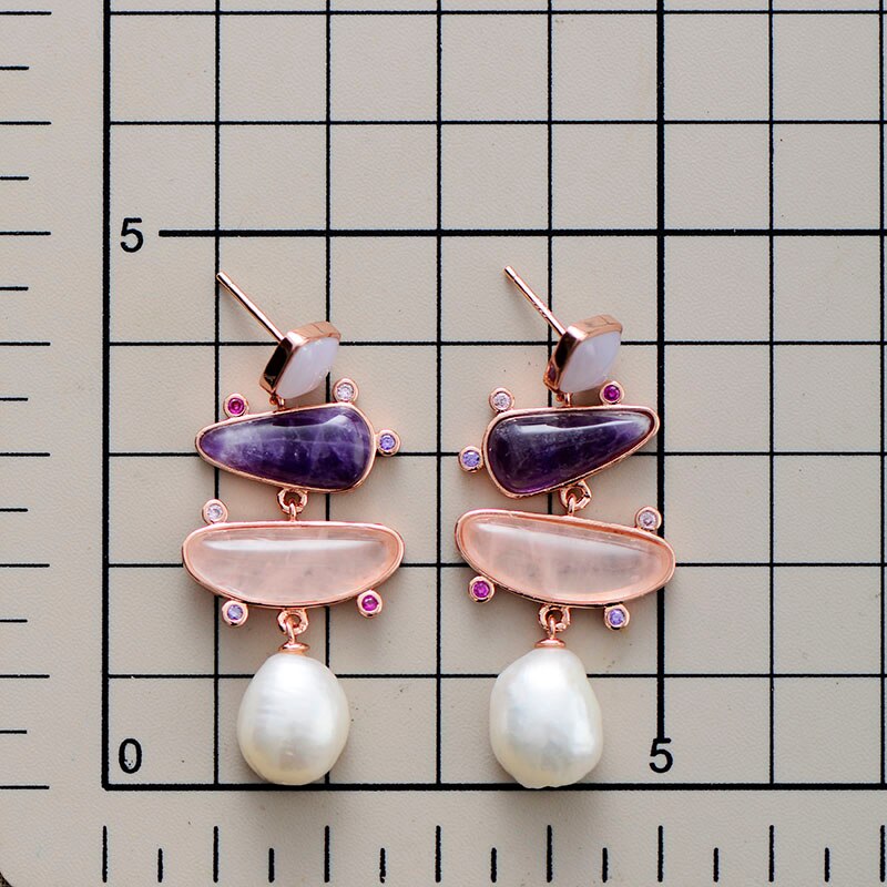 Natural Amethyst, Rose Quartz & Freshwater Pearls Earrings