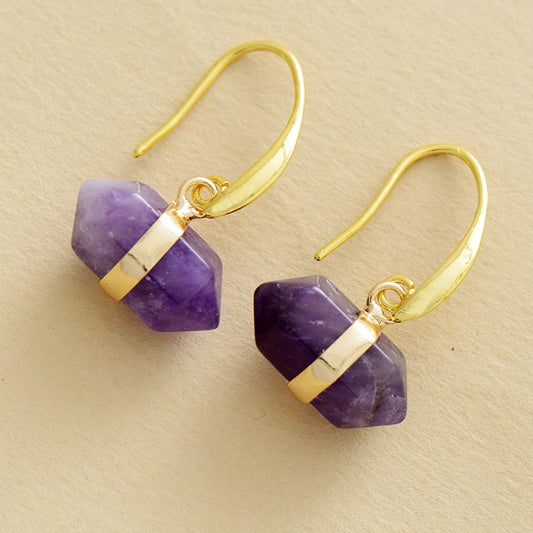 Natural Hexagonal Amethyst Stones Earrings