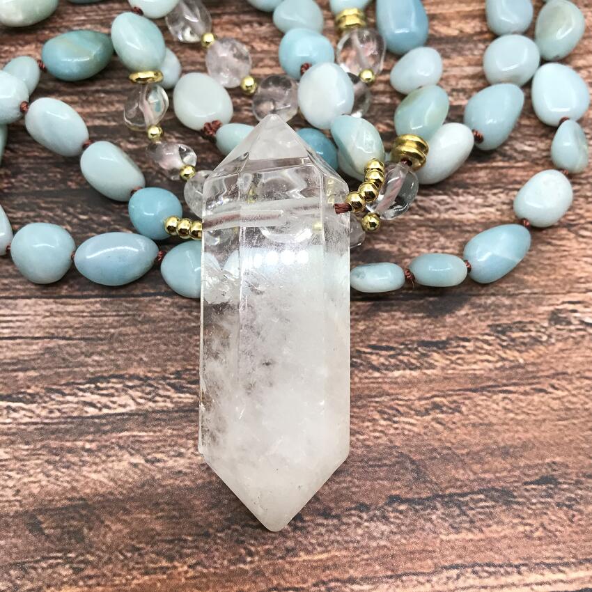 Natural Amazonite & Clear Quartz Double Point Pendant Necklace