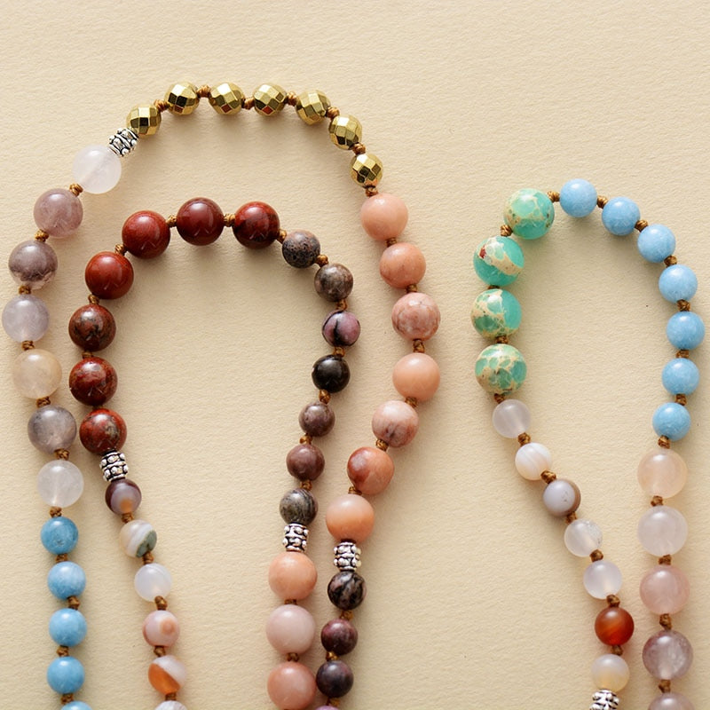 Natural Jasper, Rhodhonite, Agate & Aquamarine 108 Beads Mala Necklace