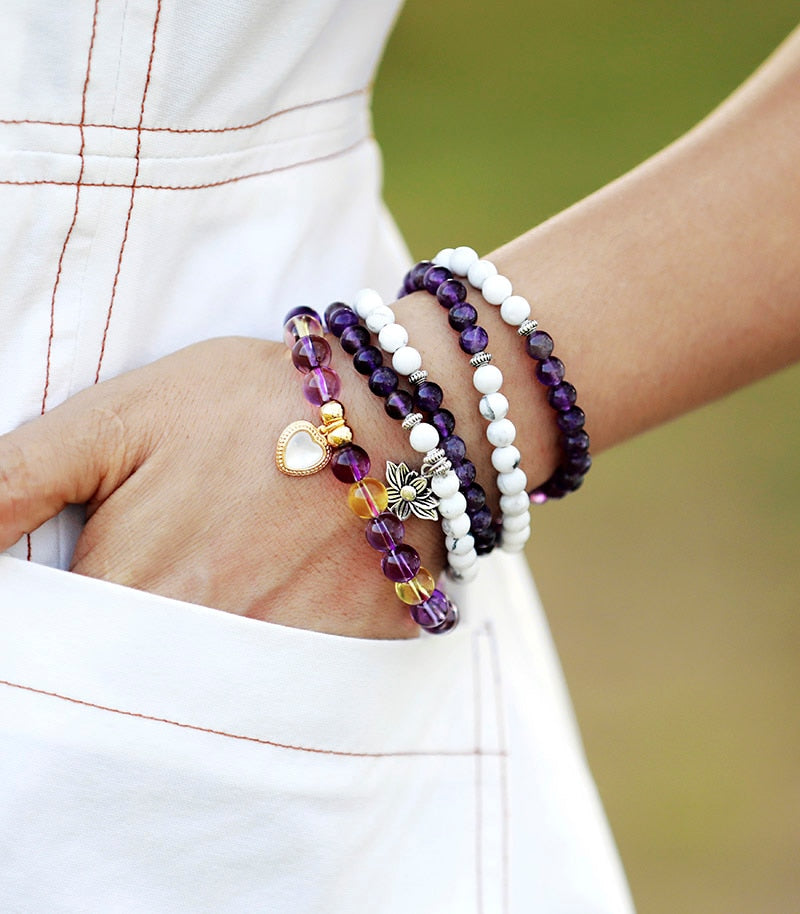 Natural Amethyst, Citrine & Shell Heart Charm Beaded Bracelet